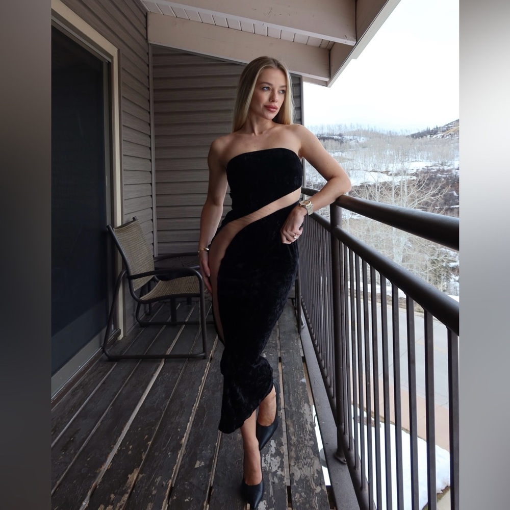 Midi Dress in Black Velvet fabric with sheer mesh panels - Size XS